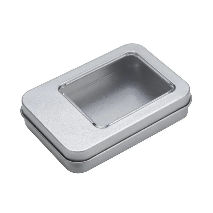 Empty Rectangle Tin Box Silver Metal Tin Cans 88 X 60 X 18 Mm Packaging 0.23mm Tinplate Food Grade with Clear Window Lid