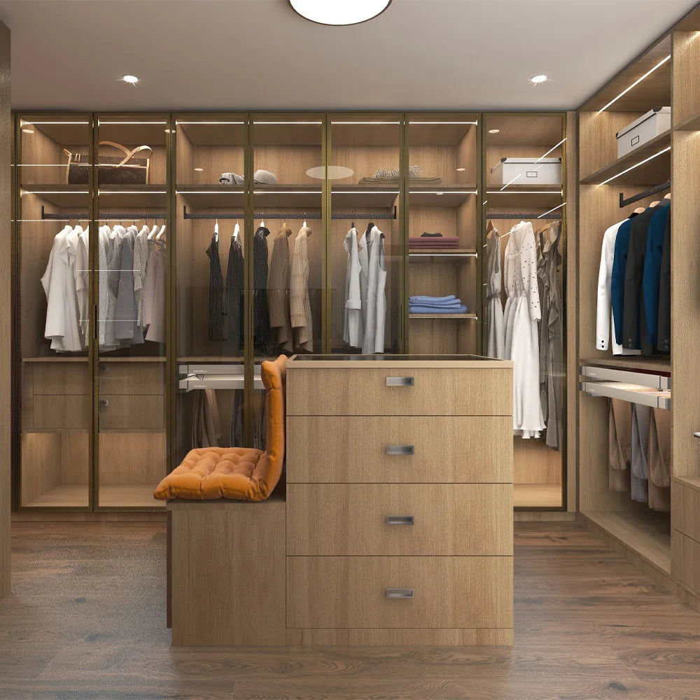Modern Wall Walk in Closets Furniture Set Design Custom Made Bedroom Wooden Walk-in Wardrobe Closet with Island
