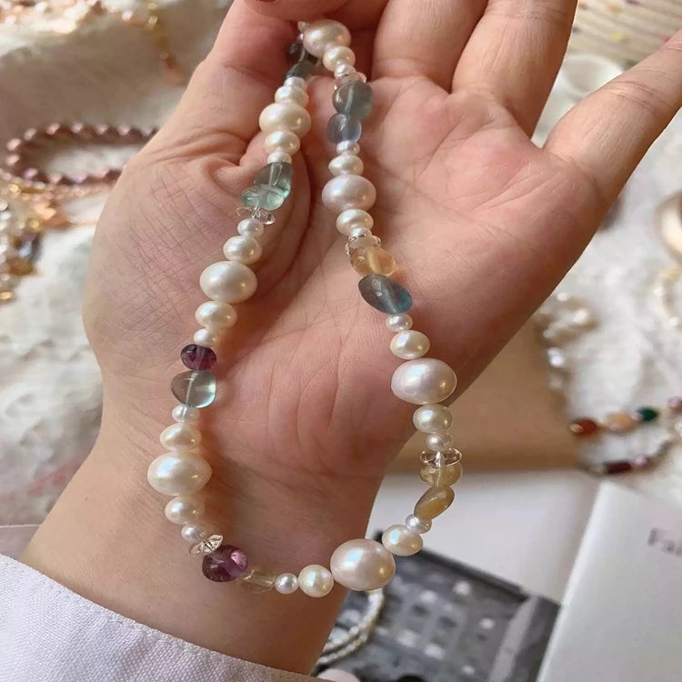 Fine Jewelry Necklaces Beaded Gemstone Necklace with Natural Green Yellow Crystal Stone Real Pearl Necklace
