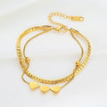 Fashion Trendy Stainless Steel Side Chain Heart Charm Pendant Bracelet Double Layers Layered Bracelet for Women