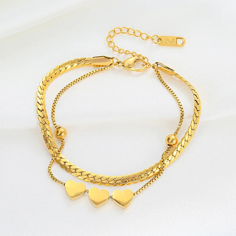 Fashion Trendy Stainless Steel Side Chain Heart Charm Pendant Bracelet Double Layers Layered Bracelet for Women
