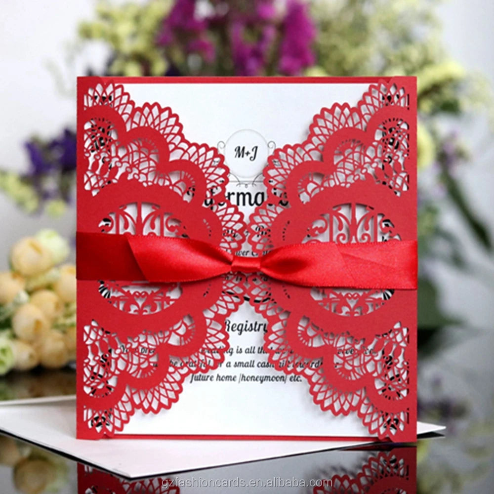 Hot Sale Custom Invitation Card Wholesale Laser Cut Paper Wedding Invitations Greeting Card with Ribbon