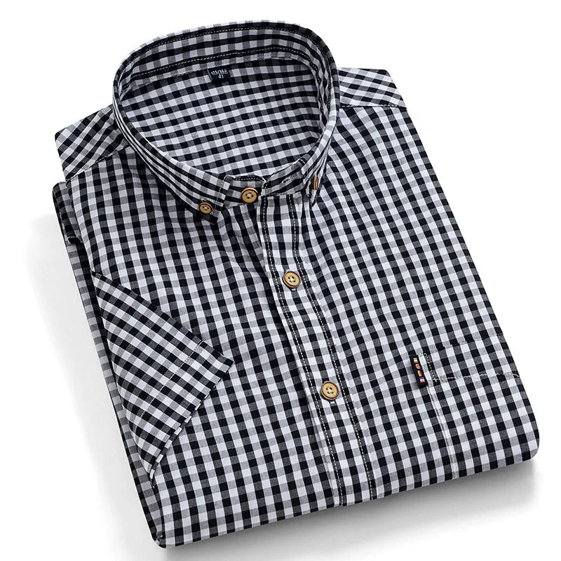 RNSHANGER Thin 100% Cotton Plaid Shirts for Men Casual Short Sleeve Blue New Men Dress Button up Shirt With Pocket