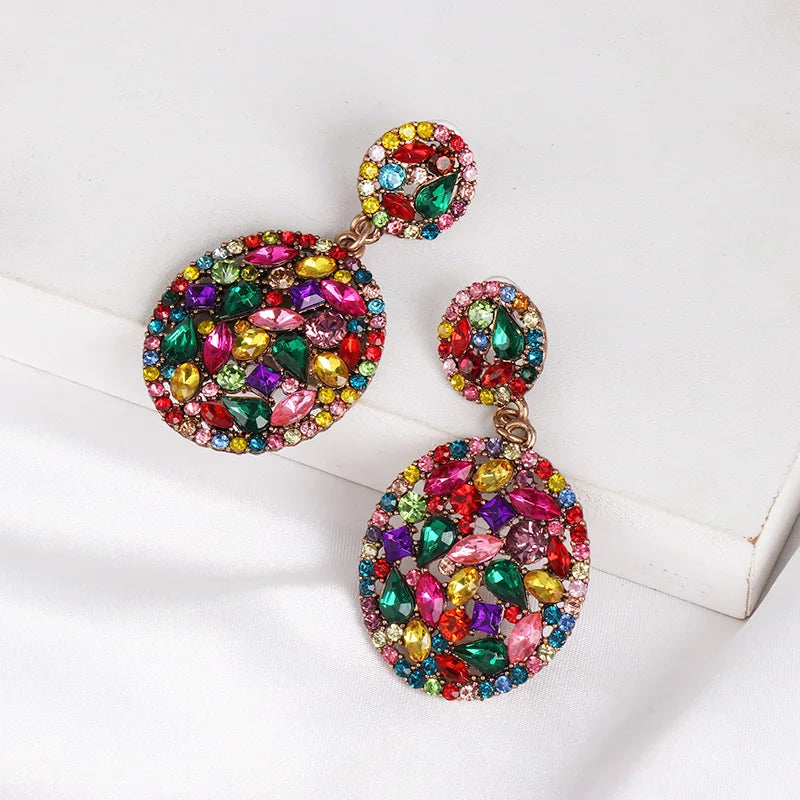 Vintage Multi Color Rhinestone Oval Drop Earrings Women Fashion Geometric Diamond Earrings Jewelry