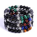 Factory Wholesale Natural Stone Yoga Bracelet Round Hematite Black Onyx with Colorful Tiger Eye Buddha Head for Wedding Jewelry