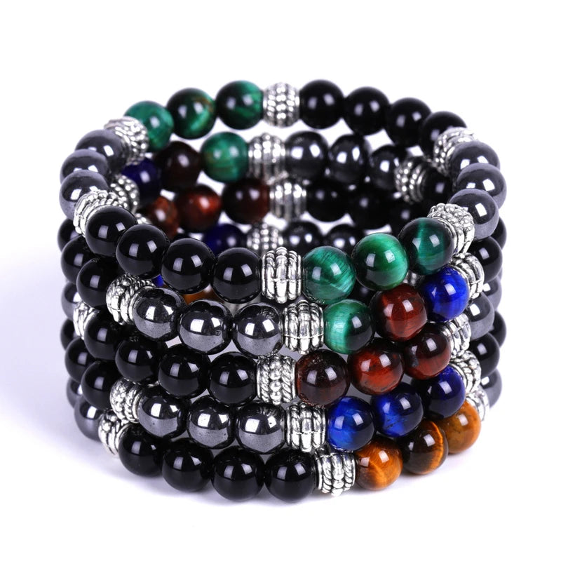 Factory Wholesale Natural Stone Yoga Bracelet Round Hematite Black Onyx with Colorful Tiger Eye Buddha Head for Wedding Jewelry