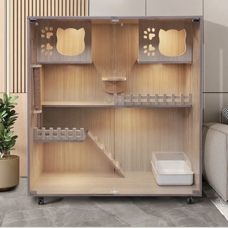 Modern Luxury Cat Nest Large Glass Wooden Pet Cabinet with Belt Closure Villa Home Cat House