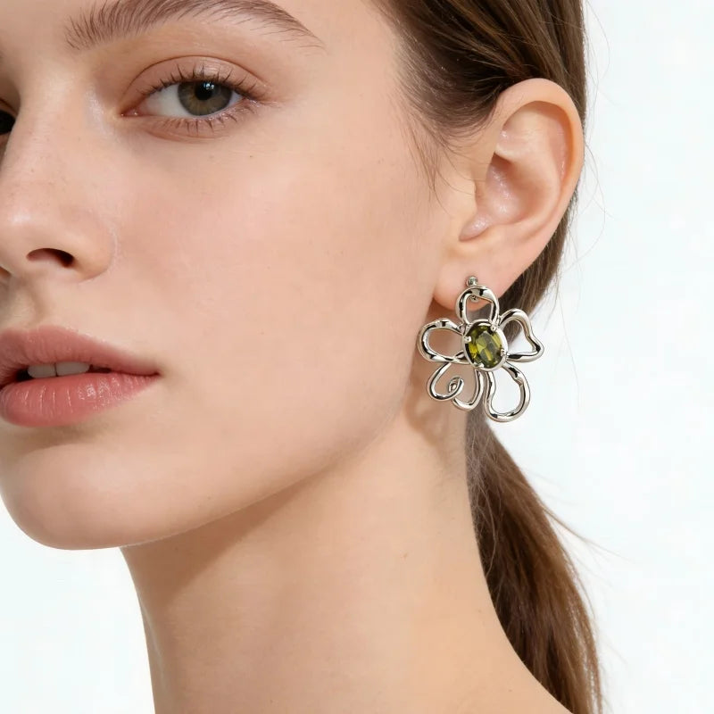 Ilona Trendy Flower Stud Earrings Hollow Silver Tone Copper Earrings with Olive Green CZ Minimalist  Earrings for Women