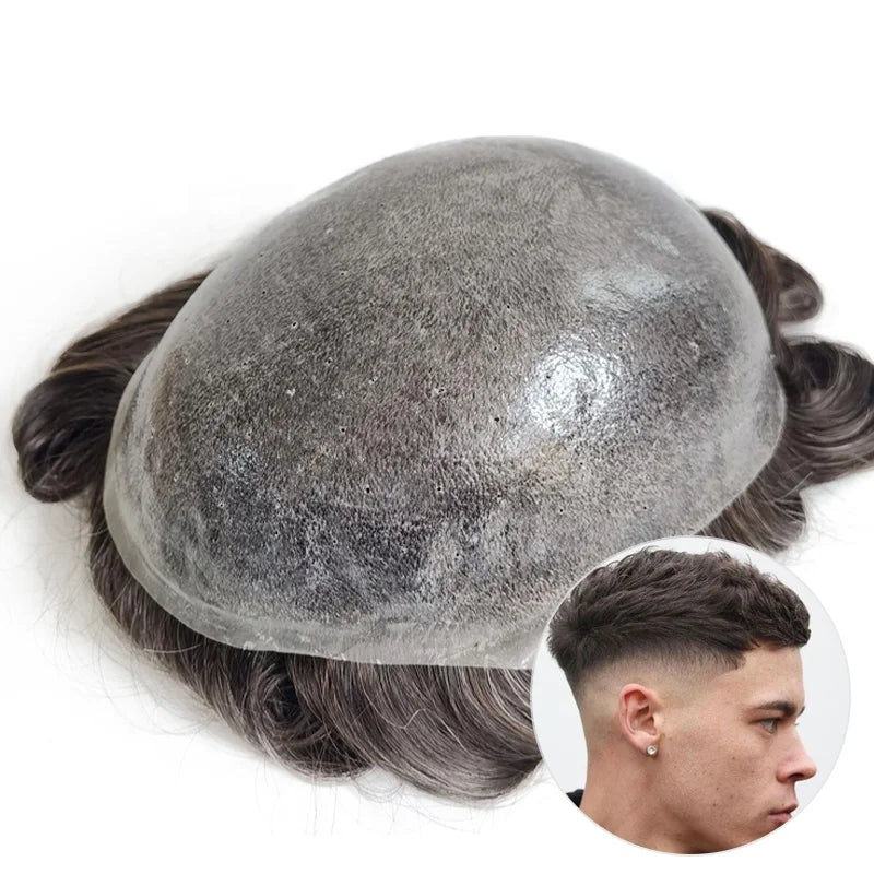 Stock 100% Natural Human Hair Men's Indian Hair Patch Piece Thin Skin PU Hand Injected Toupee for Men