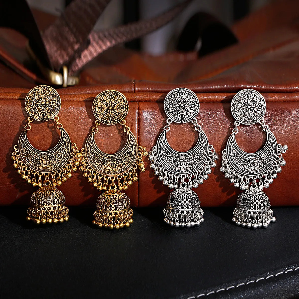 Bollywood Oxidized Women Jhumka Indian Earrings Ethnic Gold Silver Color Half Month Carved Big Bell Long Tassel Earrings
