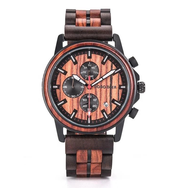 2021 Luxury Men's Wood Watch for Quartz Auto Date Chronograph Vintage Antique Pointer Handcrafted Mixed Ebony Sandalwood