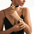 Elegant Wide Black Velvet with Big Flower Choker Necklace Bracelet for Women Trendy Ladies Daily Accessories Fashion Jewelry Set