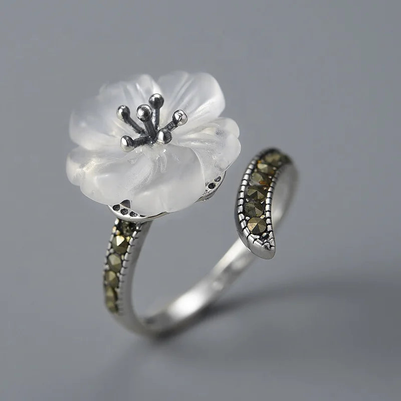 Lotus Fun 925 Sterling Silver  Natural Crystal Blooming Flowers Adjustable Rings Vintage Design Fine Jewelry for Women