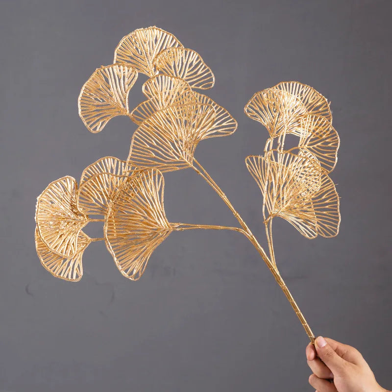 Hot Sale Indoor Home Office Wedding Christmas Decoration Leaf Golden Leaf Gold Plants Artificial Flowers Plastic Golden Leaves