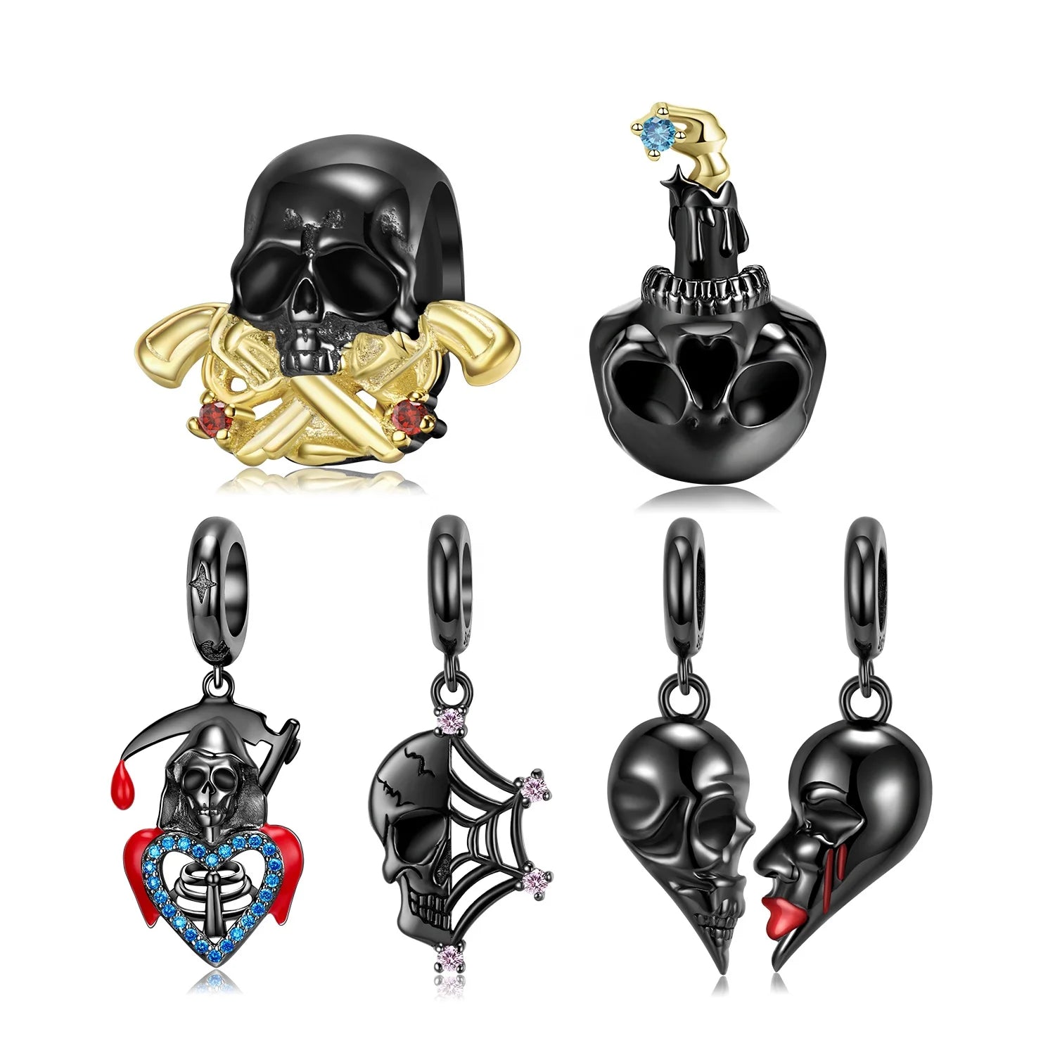 Skull Biting Gun Charm Real 925 Sterling Silver Spider Web Skull Pendant Beads for Jewelry Making Bracelets Women Beads Fashion