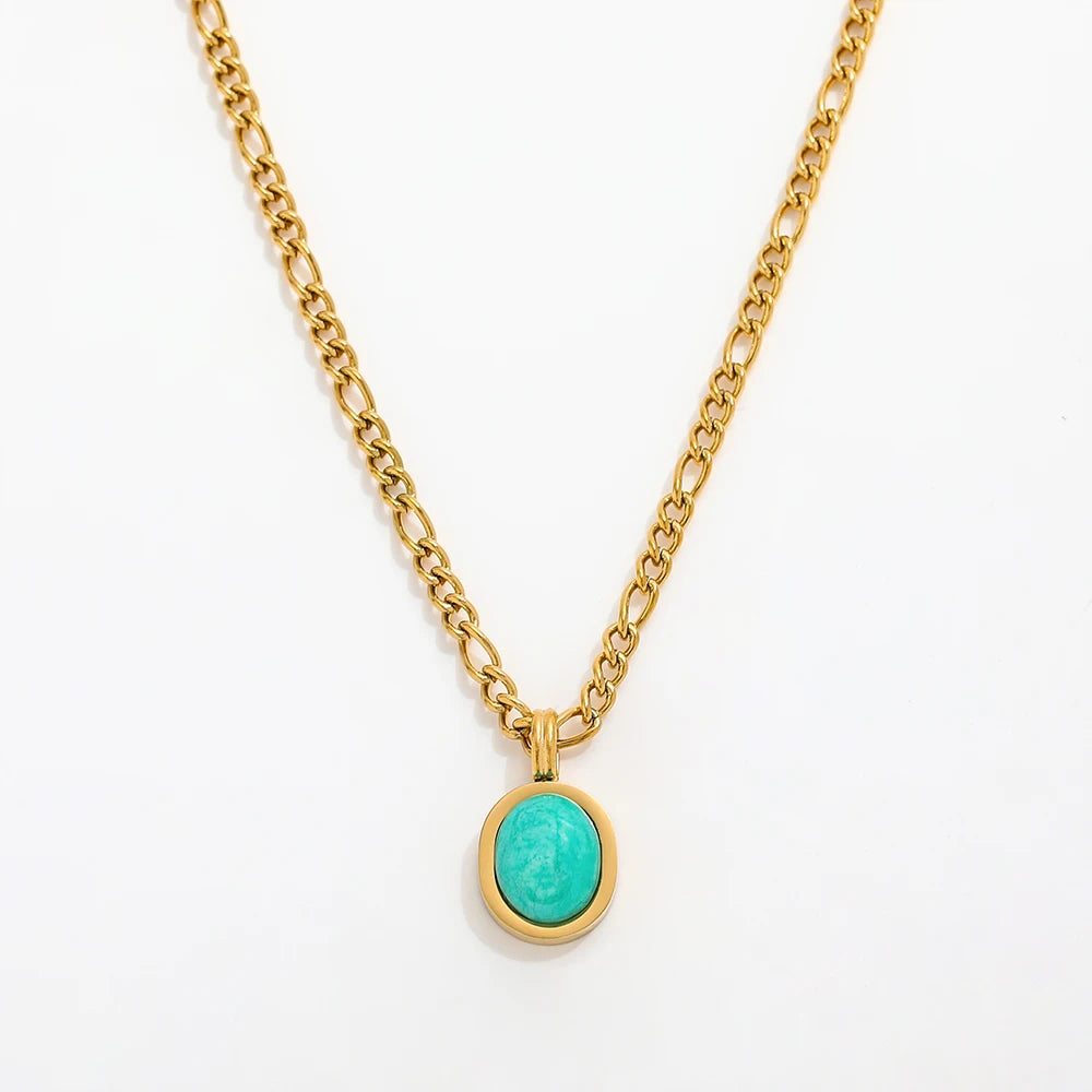 Joolim Jewelry 18K Gold Plated Blue Natural Stone Pendant Necklace Figaro Chain Necklace Trendy Stainless Steel