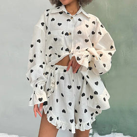 Fall Heart Printed Long Sleeve Shorts Loungewear Women Ruffle Cotton Pajamas Two Piece Set