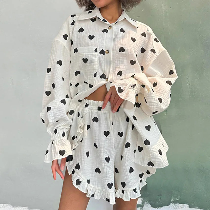 Fall Heart Printed Long Sleeve Shorts Loungewear Women Ruffle Cotton Pajamas Two Piece Set