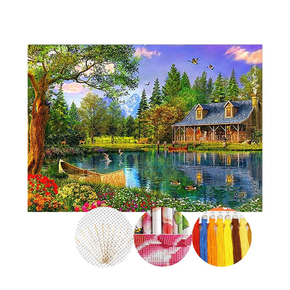 DIY 11CT Handicraft Cloth Landscape Patterns Cotton Thread Cross Stitch Canvas Kit for Wall Hangings