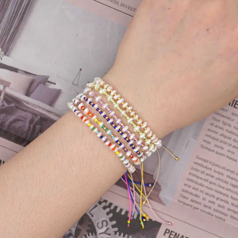 Handmade Freshwater Pearl Bracelets Boho Rainbow Miyuki Seed Beaded Geometric Adjustable Jewelry for Weddings Factory Wholesale