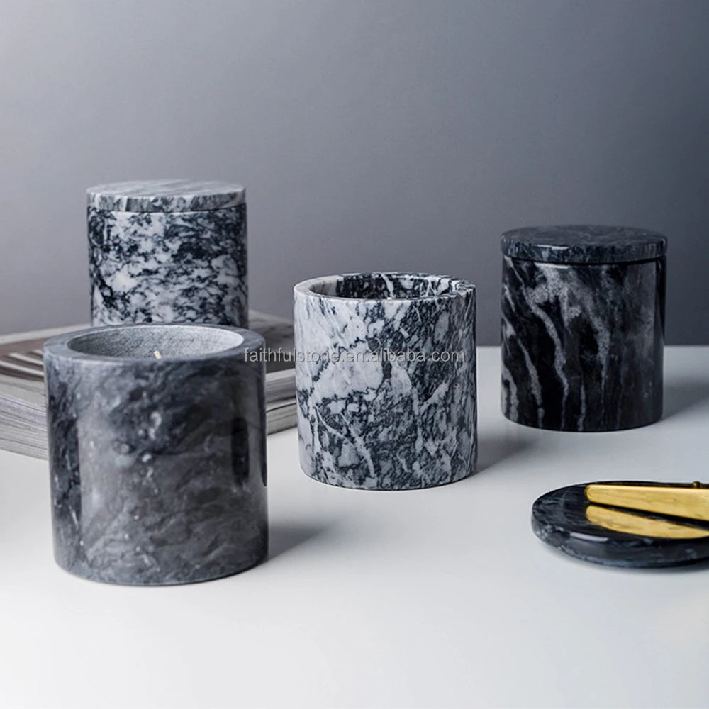 Wholesale Natural Black Grey Marble Stone Candle Stand Elegant Candle Jar with Lid for Home Decoration for Christmas Easter