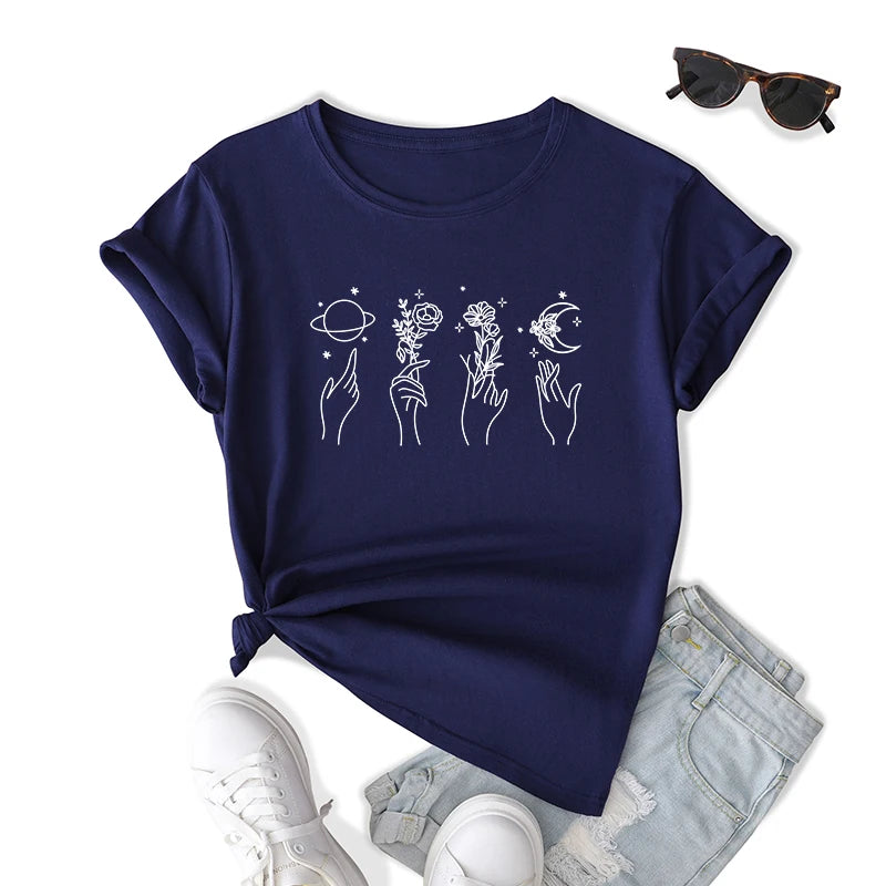 Wholesale Casual Summer Fashion Loose Women's T-Shirts Solid Flower Planet Moon Logo Graphic Print Eco-Friendly Cotton