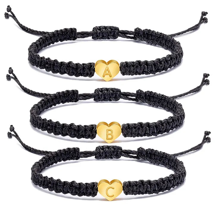 SC Wholesale Black Friendship Bracelet Tiny Initial Heart Charm Bracelet Handmade Braided Waterproof Wax String Bracelets Women