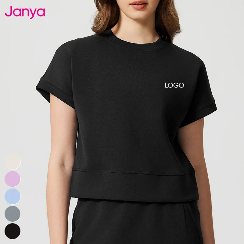 Janya Wholesale Womens Yoga Wear Drop Shoulder High Crew Neck Fitness Top Loose Sports Shirt Breathable Short Sleeve Gym T Shirt MegaBDM