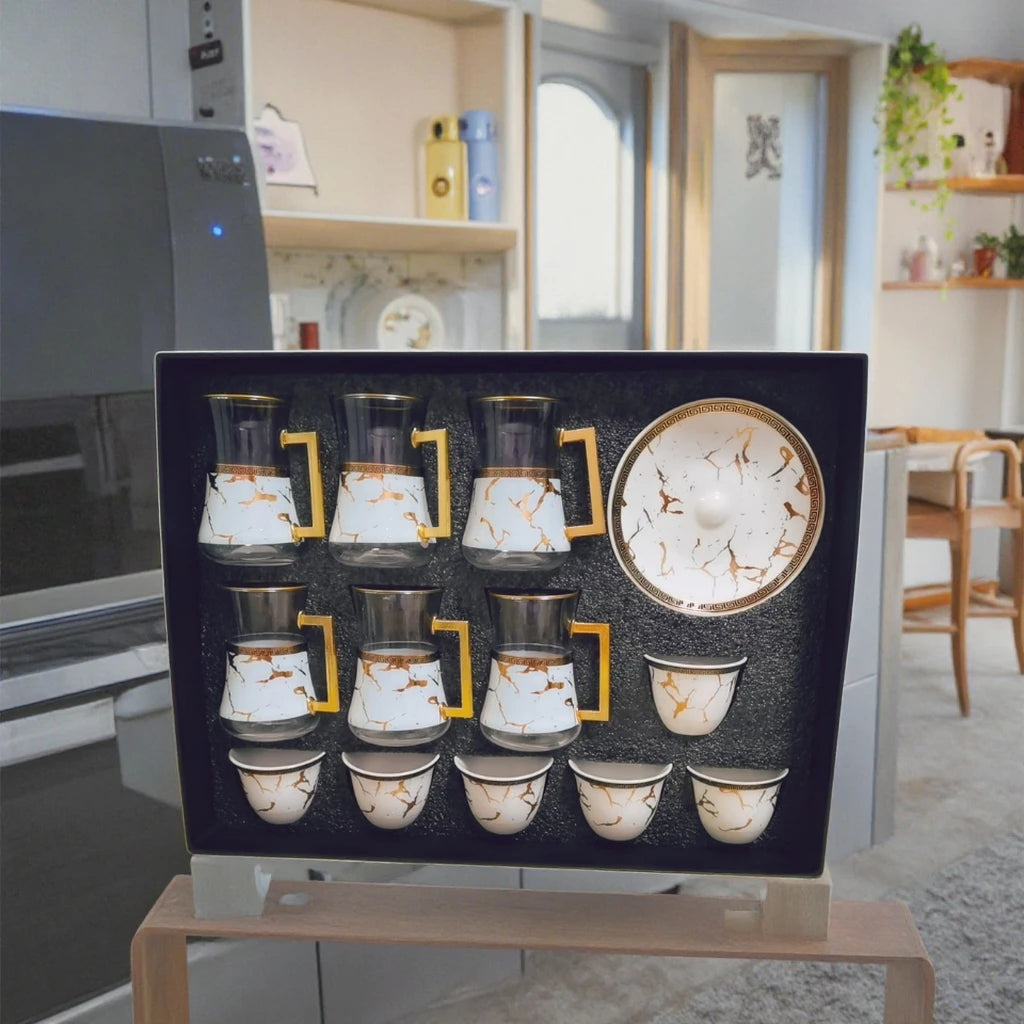 Factory Wholesale  Gold Electroplate Decal Turkish Crystal Glass Cup Set Ramadan Tea Set Arabic With Gift Package