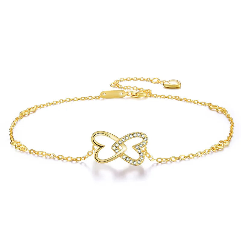 18K Gold Plated 925 Sterling Silver 5A Cubic Zircon CZ Double Love Heart Ankle Bracelets Set Foot Jewelry for Women and and Te