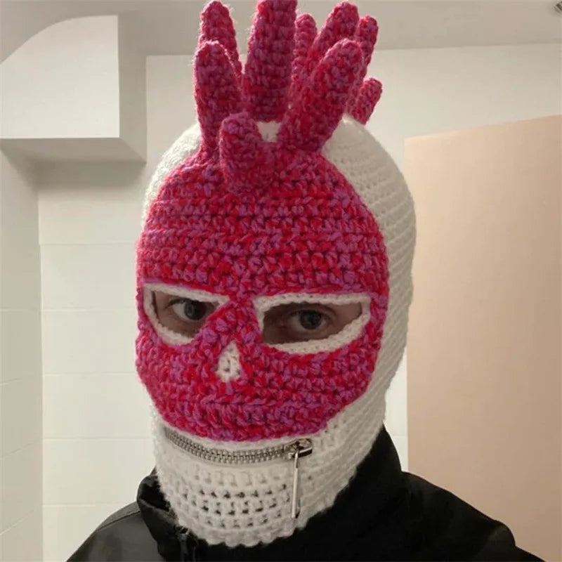 2024 Handmade Knitted Funny Horns Balaclava Hat All-Season Warm Autumn Winter Character Style Adults Breathable Digital