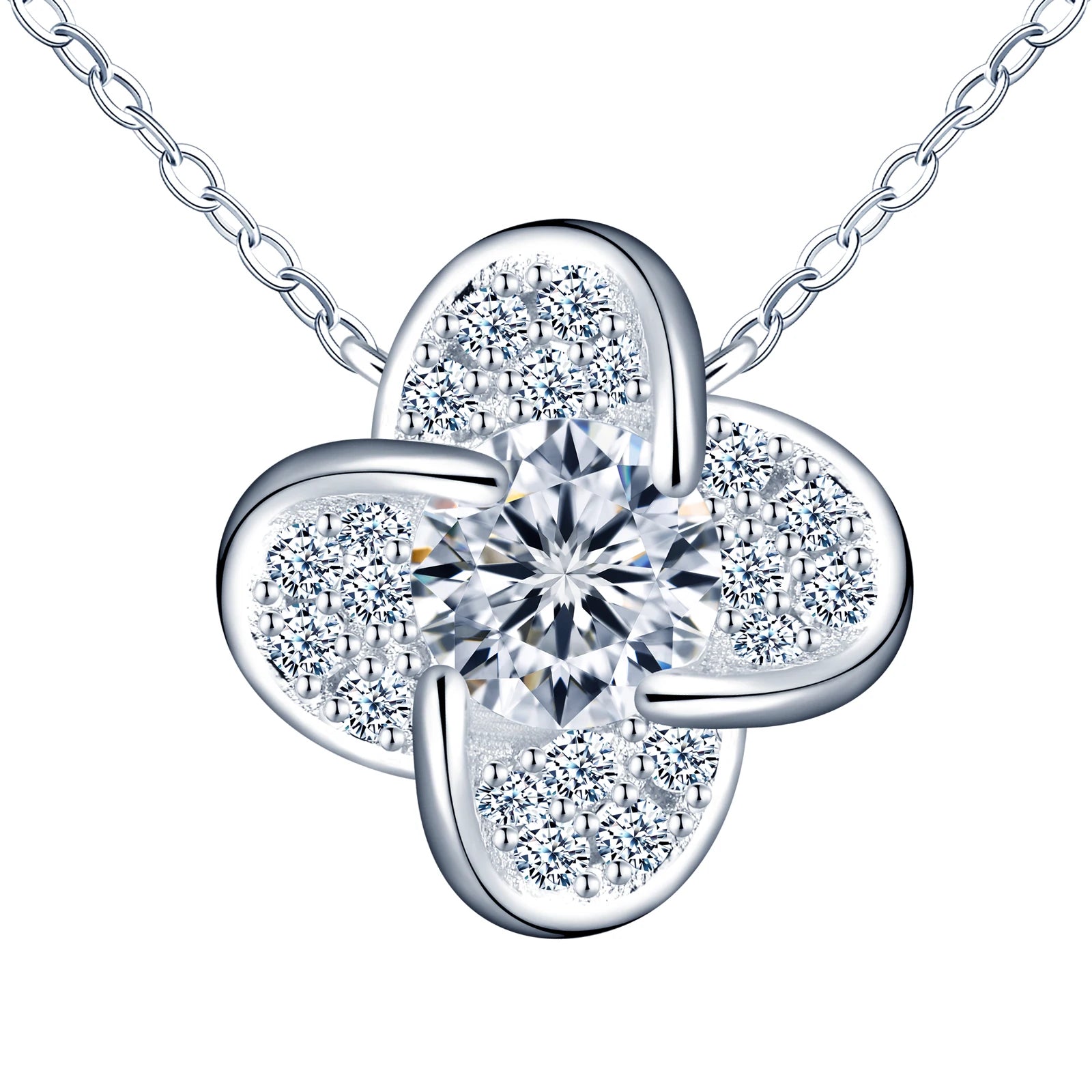 Classic Fine S925 Sterling Silver VVS1 Moissanite Four-Leaf Slover Flower Pendant Necklace Birthday Party Jewelry Gift for Lady