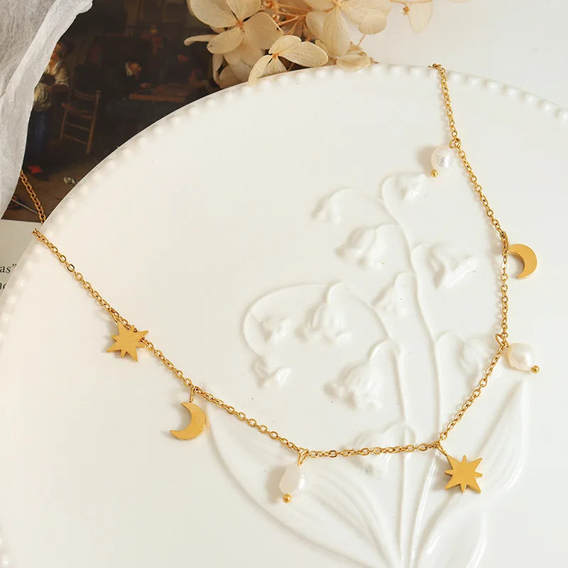 Hot Selling Dainty Minimalist 18k Gold Plated Stainless Steel Star Baroque Pearl Pendant Moon Necklace Bijoux Acier Inoxydable