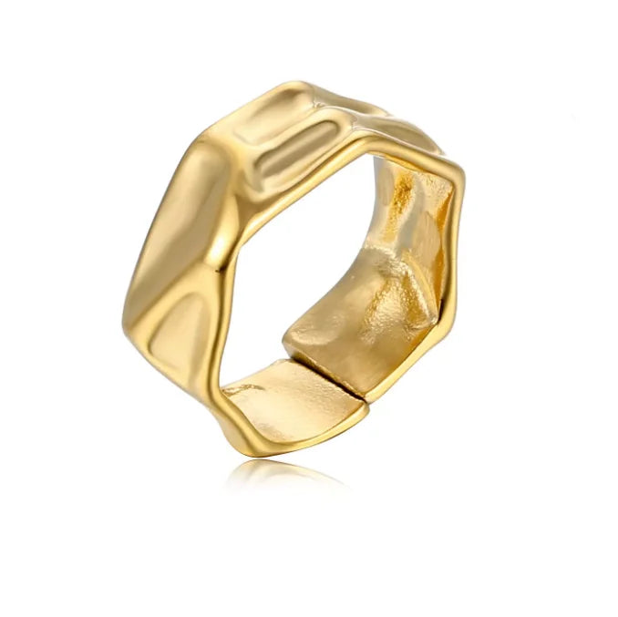 Dainty 18k Gold Plated Classic Irregular Concave and Convex Wave Ring Stainless Steel Open Adjustable Ring for Men and Women