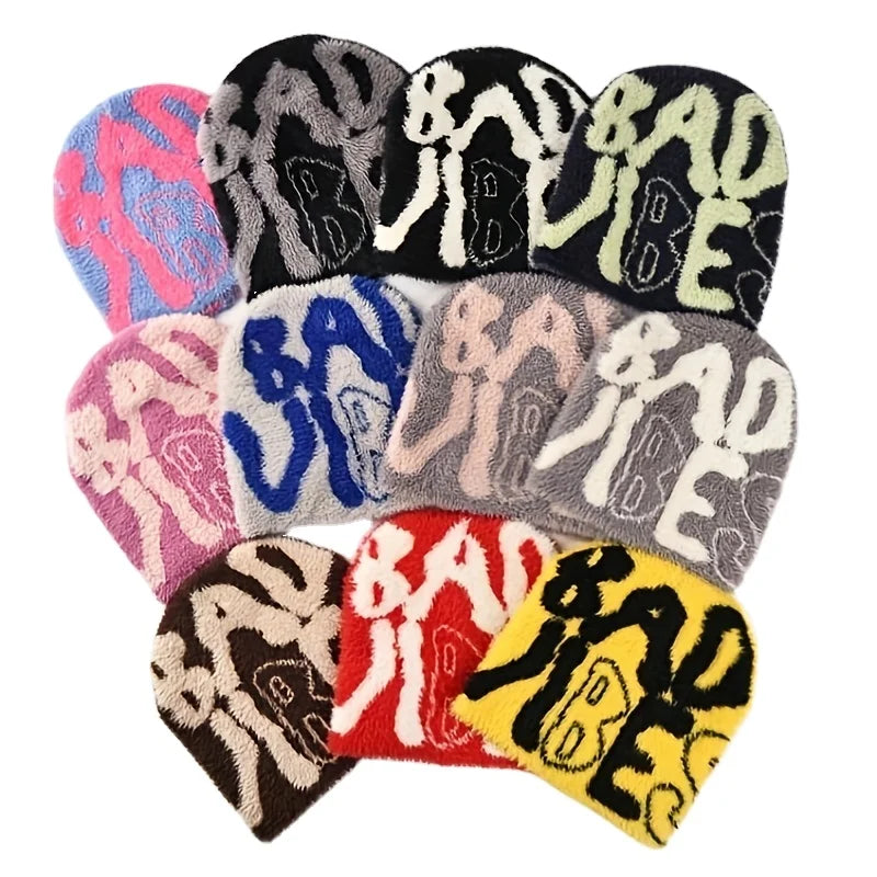 2024 Latest Designer Y2K Beanie Hat Custom Jacquard Soft Elastic Warm Mohair Fur Knitted Acrylic Pullover Cap Beach Business