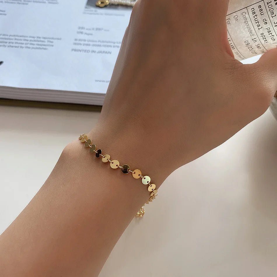 Fashion Minimalist Jewelry 925 Sterling Silver Small Round Disc Charm Gold Plated Choker Chain Gold Plated Bracelets