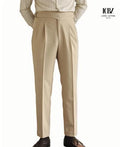 Men's British Retro Paris Buckle Naples Vertical Straight Casual Style Breathable Pleated Front Plus Size Suit Pants Worsted