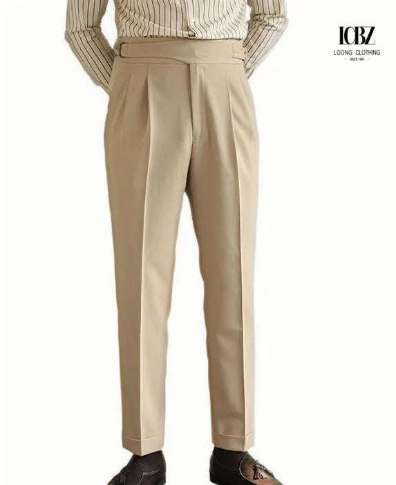 Men's British Retro Paris Buckle Naples Vertical Straight Casual Style Breathable Pleated Front Plus Size Suit Pants Worsted