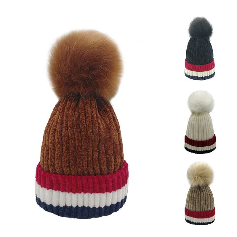 Trendy Thick Women Winter Knit Pom Beanie Coral Fleece Lined Hats With Striped Cuff