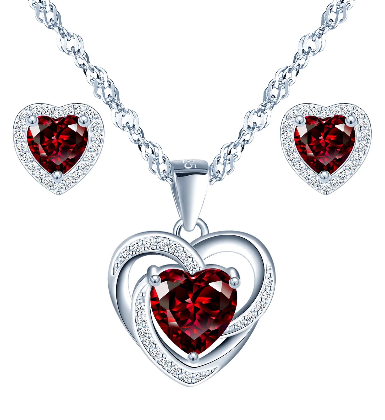 Hot Sale 925 Silver Heart Necklace and Stud Earrings Bridal Jewelry Set Luxury