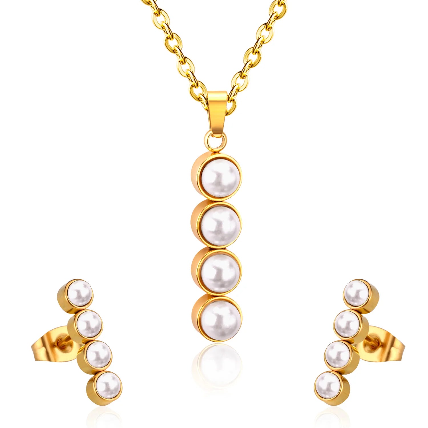 Fashion Stainless Steel 18K Gold Plated Waterproof Long Pearl Pendant Necklace and Earrings Sets Jewelry Sets for Women
