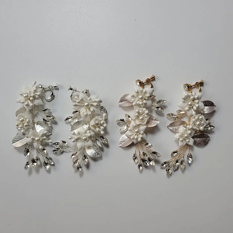 SLBRIDAL Handmade Rhinestones Crystals Pearl Ceramic Flower Bridal Earring Wedding Drop Earring Fashion Women Jewelry