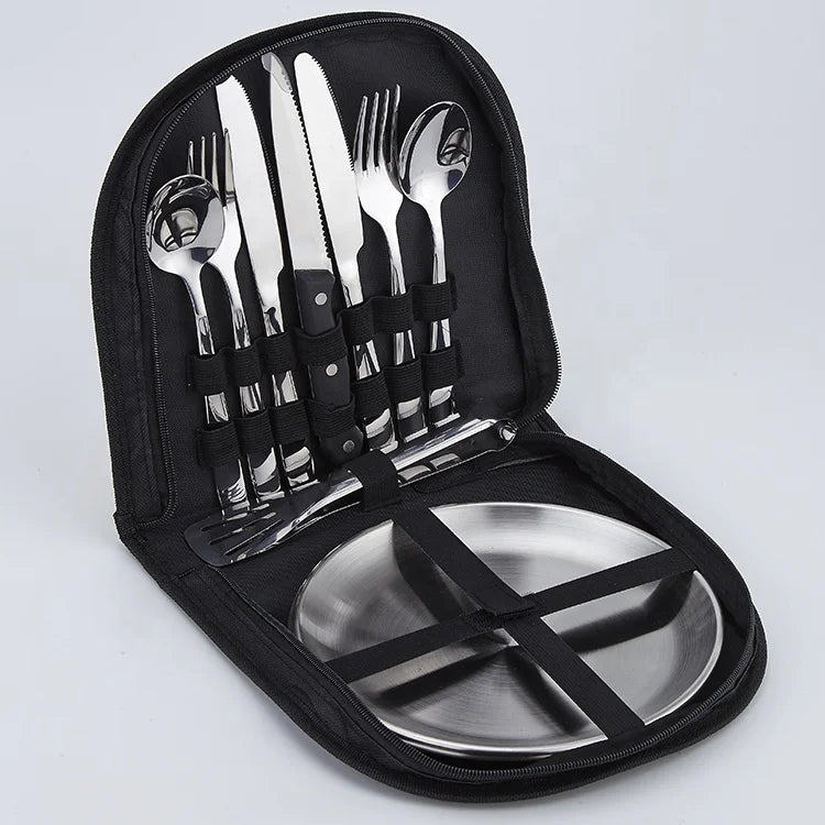 2 Person Eco-Friendly Stainless Steel Mirror Polish Utensil Picnic Set with Plate Spoon Knife Fork Outdoor Camping Dinnerware