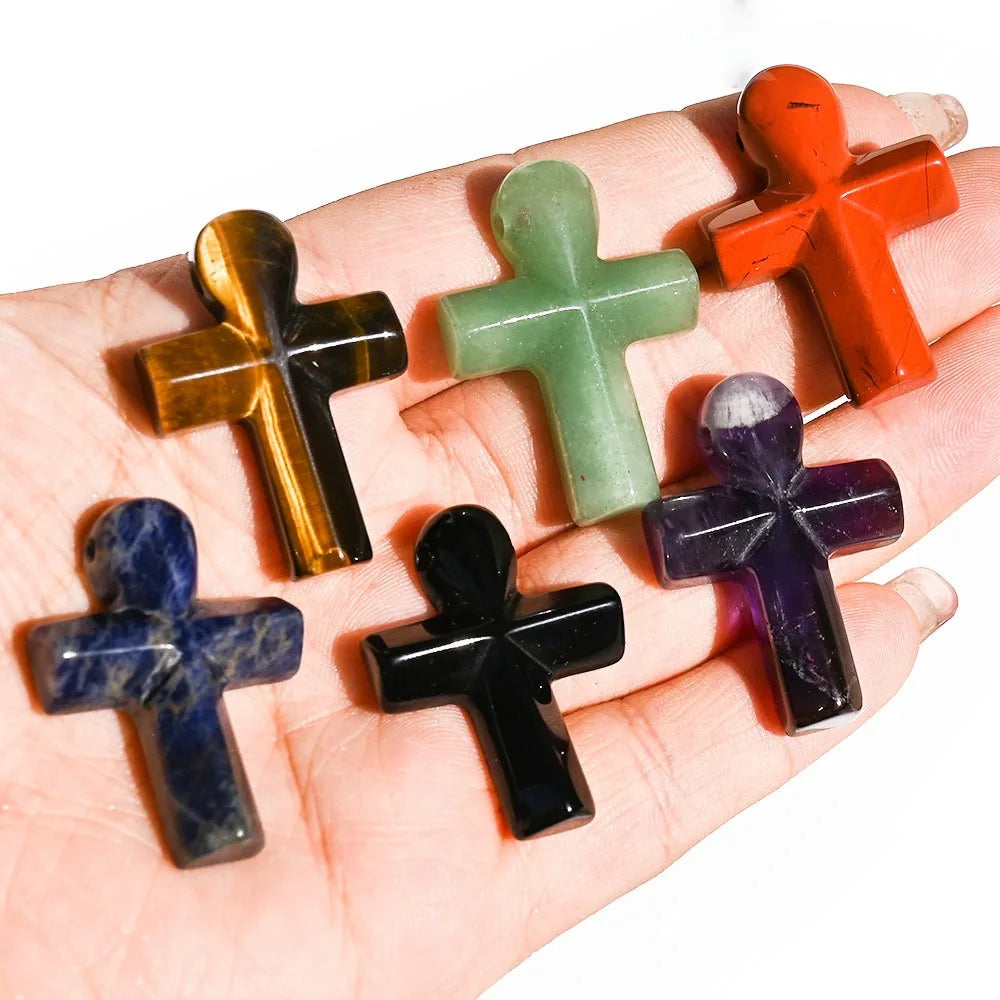 Natural Healing Crystal Gemstone Cross Pendants Cross Pocket Carvings Crystal Cross Palm Stone Pendant for Jewelry Making