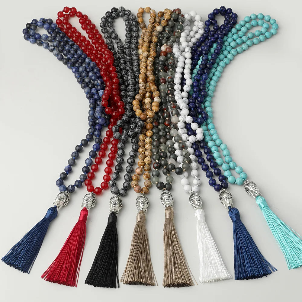 8mm Natural Stone 108 Mala Beaded Necklace Vintage Ethnic Buddha Head Pendant Yoga Healing Crystal Necklace for Women Men