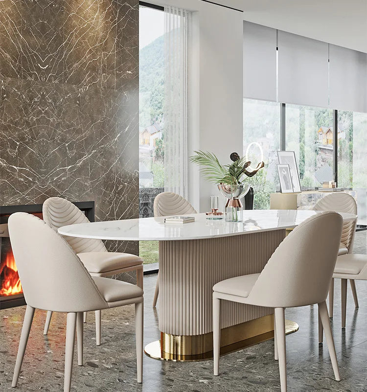 Creative High-End Bright Rectangular Light Rock Luxury Italian Modern 8 Seater Dining Table Set