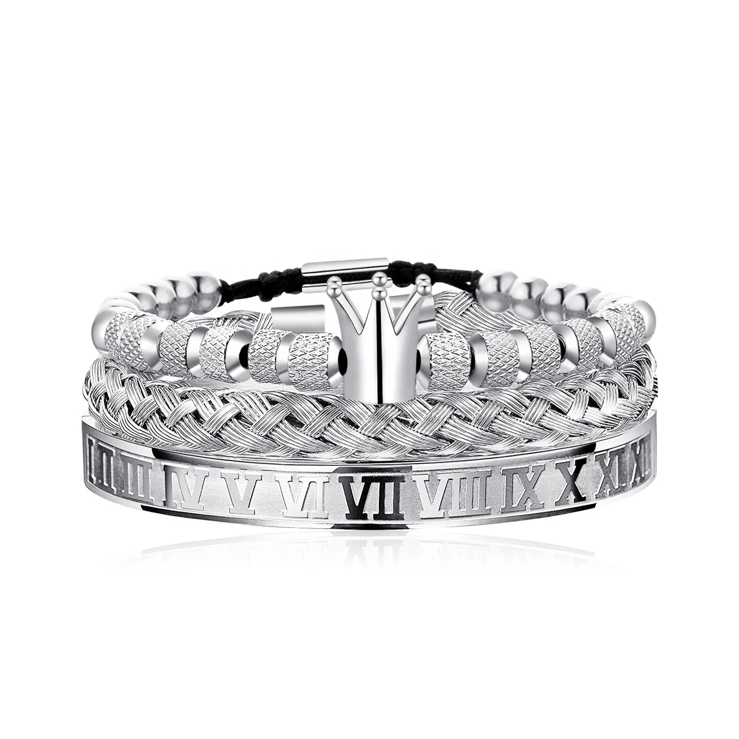 Luxury Bracelet Crown Bead 3PCS Luxury Men's New Design Stainless Steel Open Adjustable Bracelets