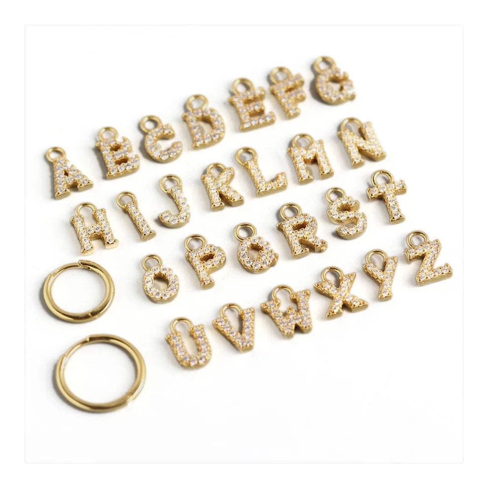 YHE0147 Initial Huggie Dangle Hoop Earrings for Women Fine Cubic Zirconia A-Z Alphabet Letter Charm