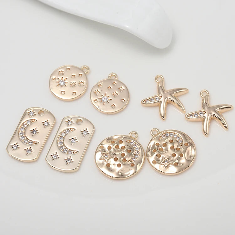 Unique Design 14K Gold Plated Inlaid Zircon Round Star Rectangle Moon Star Shape Charm MegaBDM