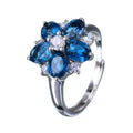 Elegant Rhodium Plated Silver 925 Jewelry Natural London Blue Topaz Flower Ring for Women Anniversary Gift